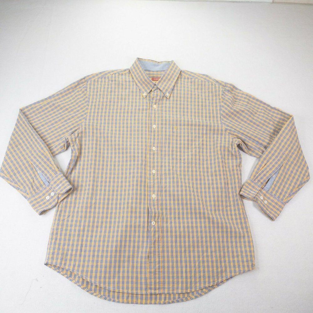 Izod Mens Shirt Blue Yellow Large Button Down Long Sleeve Plaid Casual #0570
